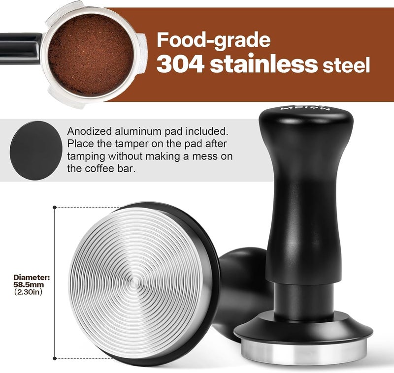 MEION Espresso Tamper 58.5mm Coffee Tamper, Calibrated Dual Spring Loaded Barista Tamper with Stainless Steel Base, Comes with aluminum storage pad (58.5MM, Black) - Image 4